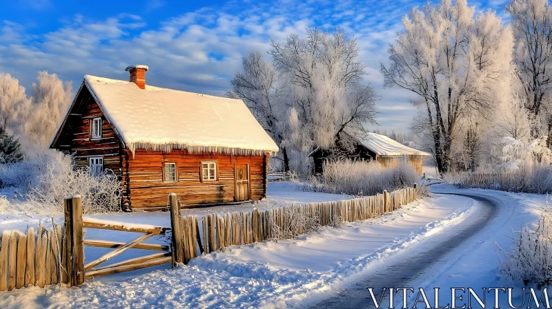 Snowy Wooden Cabin in Winter Wonderland AI Image