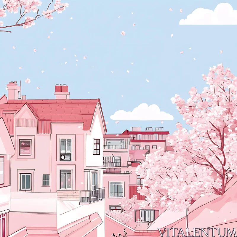 AI ART Idyllic Spring Day in a Pink Town