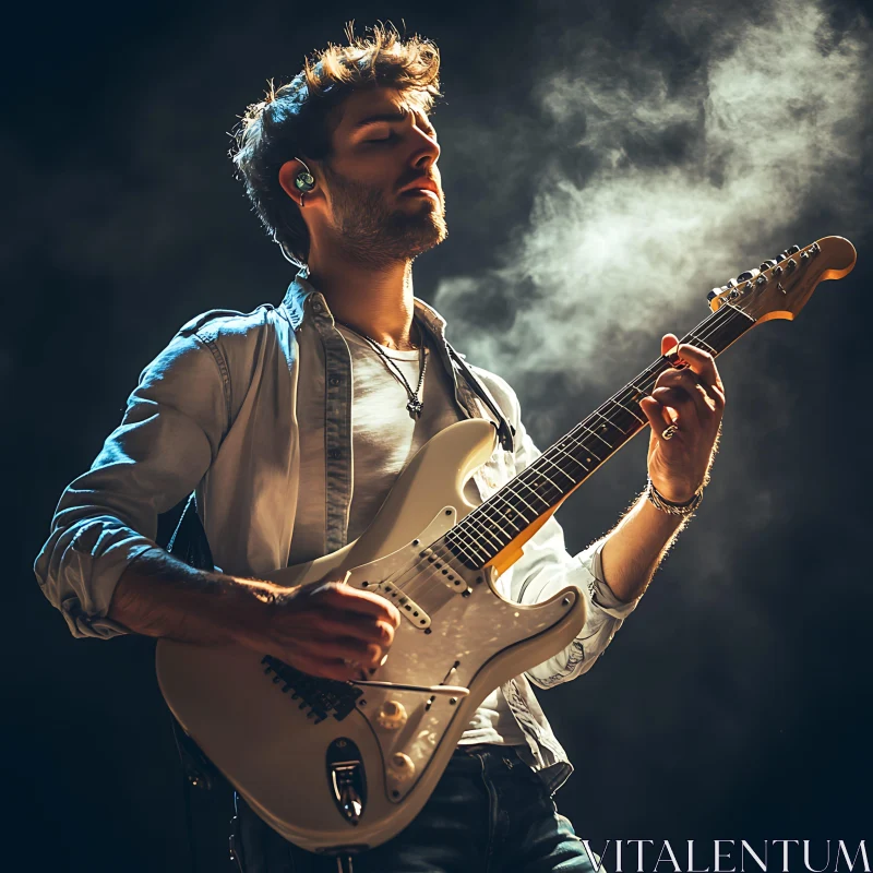 Electric Guitar Performance on Dimly Lit Stage AI Image