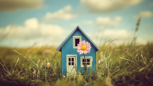 Surreal Scene with Miniature House and Flower