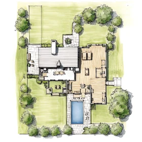 House Blueprint with Outdoor Landscape