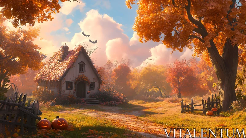 Charming Autumn Cottage with Jack-o'-Lanterns AI Image