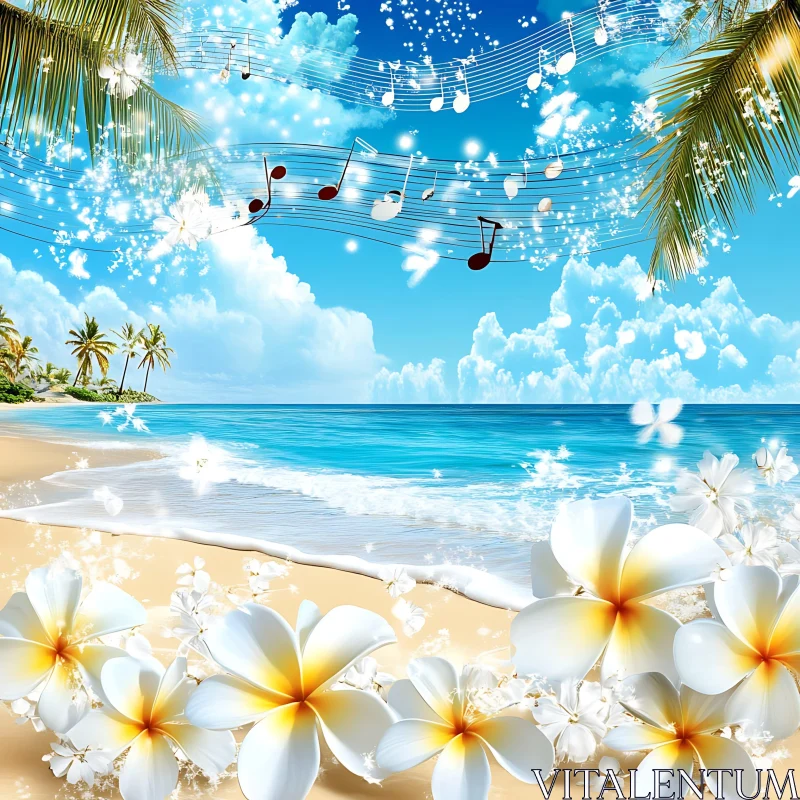 Harmonious Tropical Beach Scene with Flowers AI Image