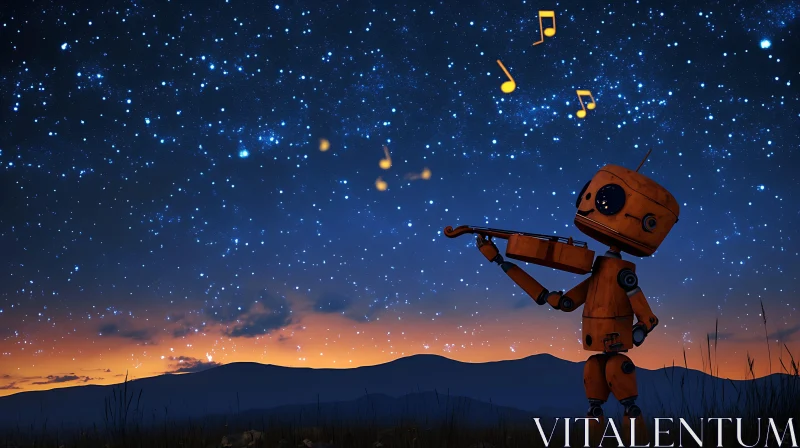 Robot Violinist in a Starry Night Landscape AI Image