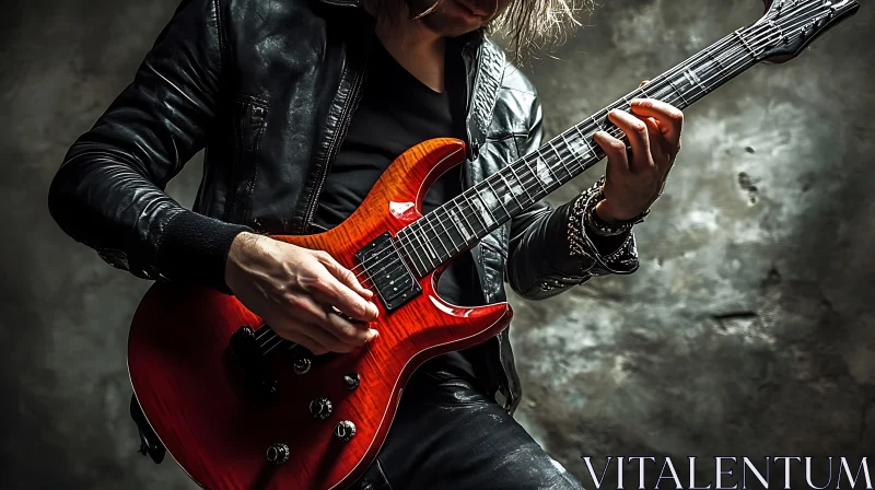 Musician with Red Electric Guitar in Action AI Image