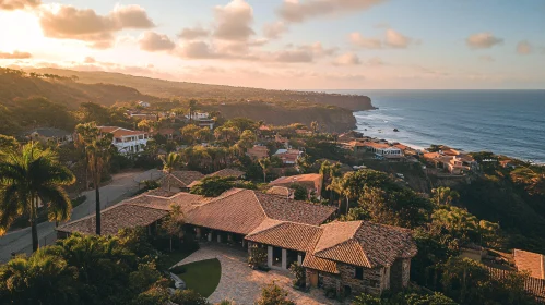 Coastal Village Aerial View at Sunset