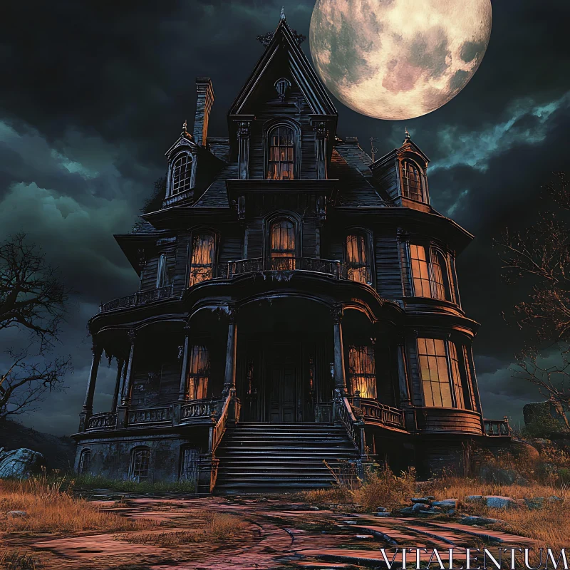 Creepy Gothic Mansion at Night AI Image