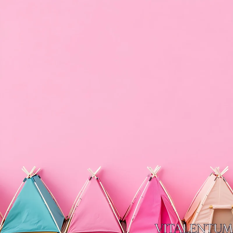 Pastel Tents in a Row on Pink Background AI Image