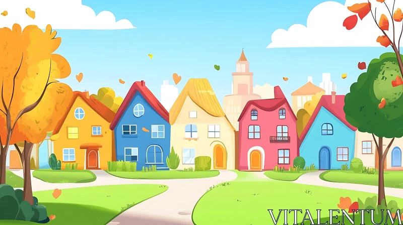 Vibrant Autumn Neighborhood with Colorful Houses AI Image