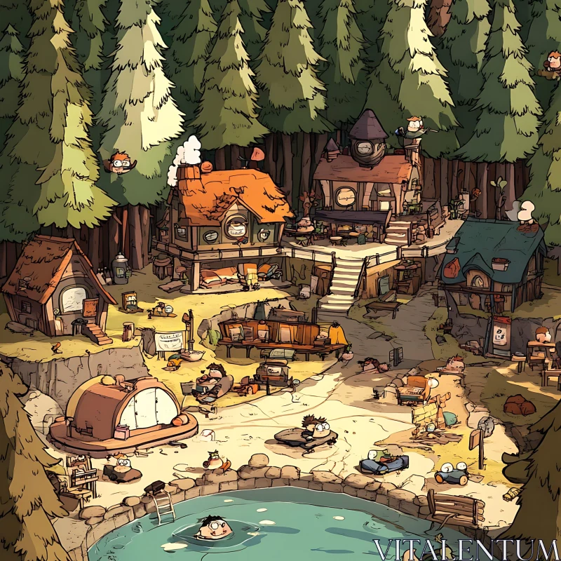 Cartoon Village in a Dense Forest with Playful Characters AI Image