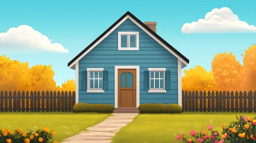 Quaint Blue House with Picket Fence and Flower Garden