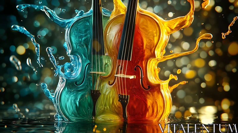 Colorful Violin Splashes in Water AI Image