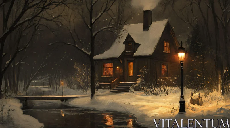 Winter Night Cabin with Lamp Post AI Image