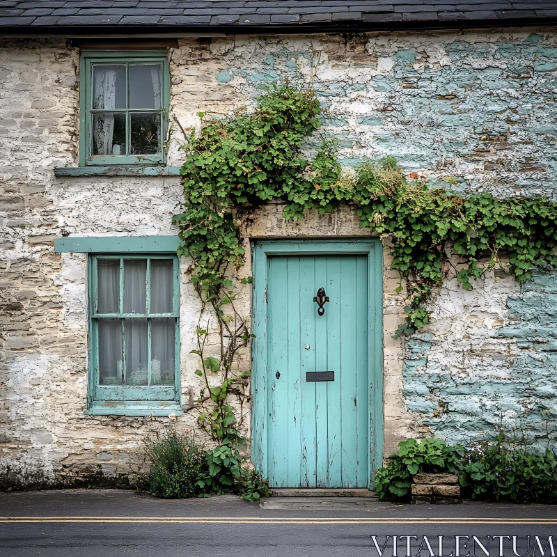 Antique Cottage with Blue Windows and Ivy-Covered Doorway AI Image