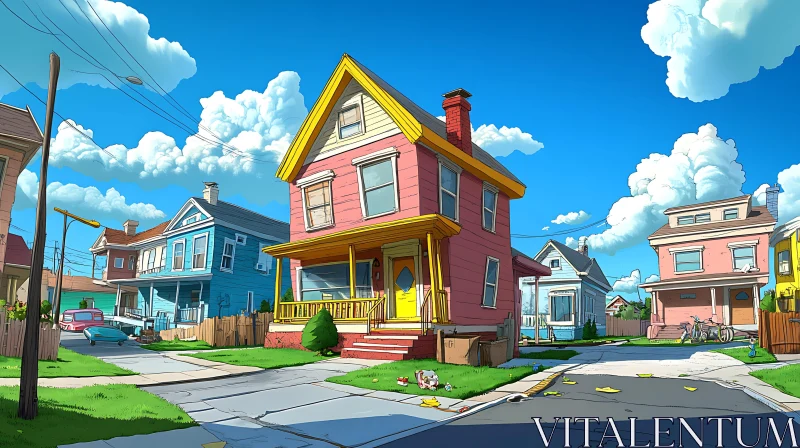 Charming Cartoon Suburb with Bright Homes AI Image