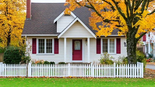 Picturesque White House with Red Accents in Autumn