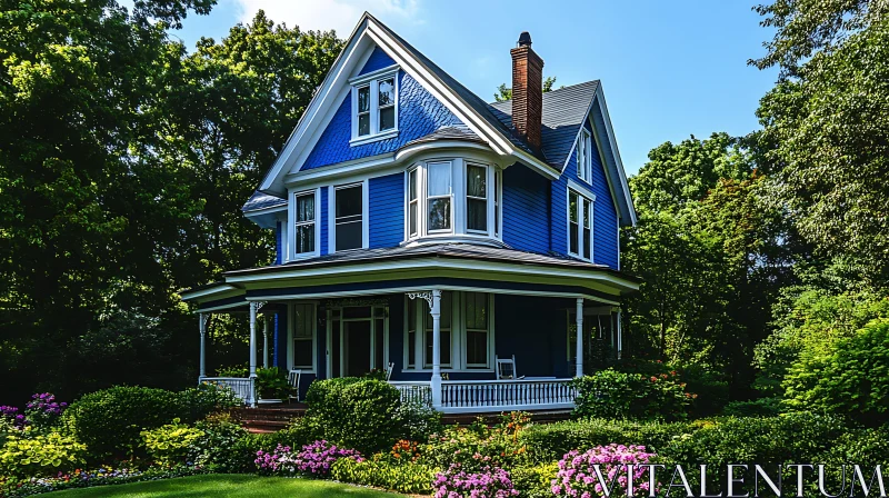 AI ART Majestic Victorian Blue House in Lush Garden