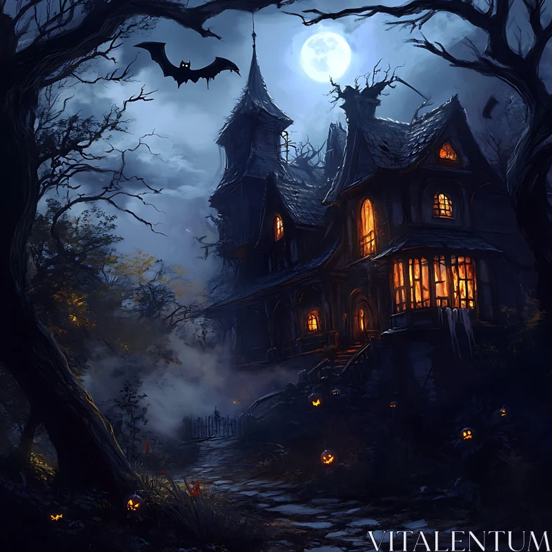 Spooky Gothic Mansion with Jack-o'-Lanterns AI Image