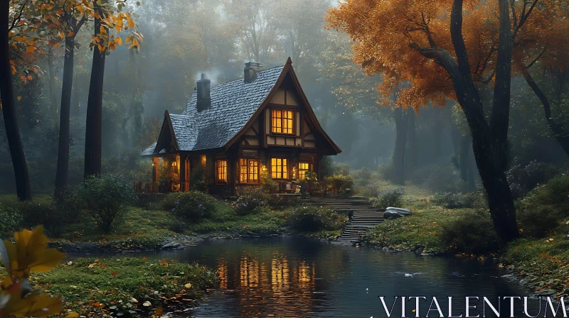 Forest Cabin Amidst Autumn Foliage AI Image