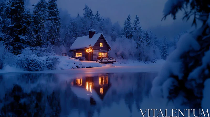 Peaceful Snowy Cabin at Twilight AI Image