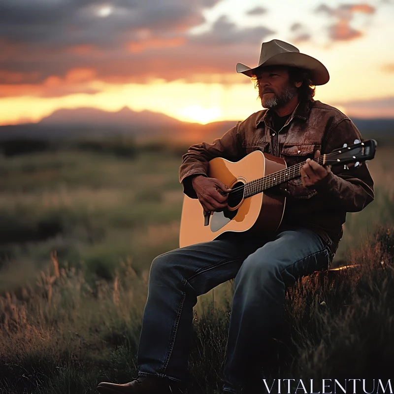 Sunset Serenade by a Cowboy AI Image