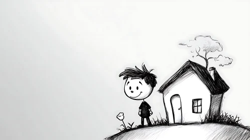 Black and White Cartoon Art of Child by a House