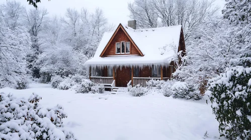 Winter Landscape with Snowy Cozy Cabin