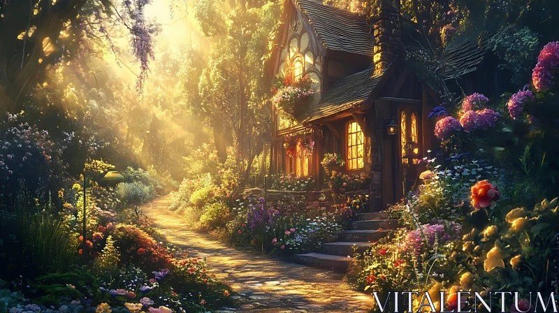 Sunlit Forest Cottage with Blooming Garden AI Image