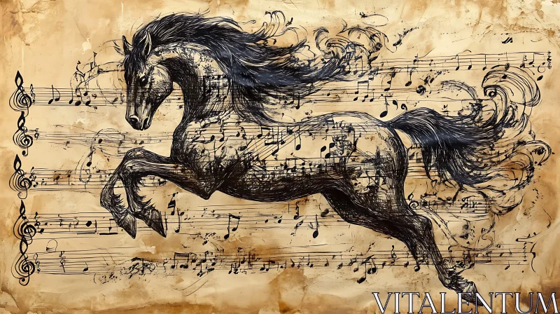 Artistic Horse and Musical Composition Sketch AI Image