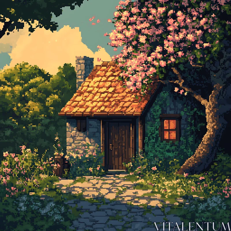 Serene Cottage in a Blossoming Garden AI Image