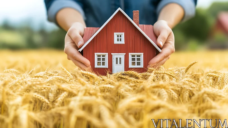 Rustic Miniature House in Wheat Field AI Image