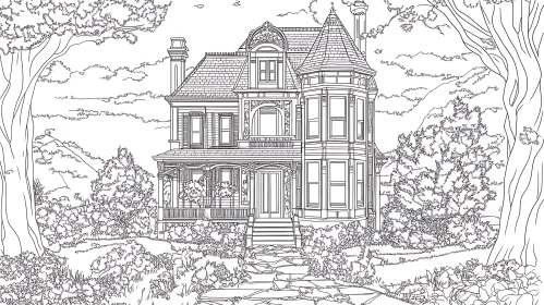 Intricate Architectural Line Art of a Victorian Home