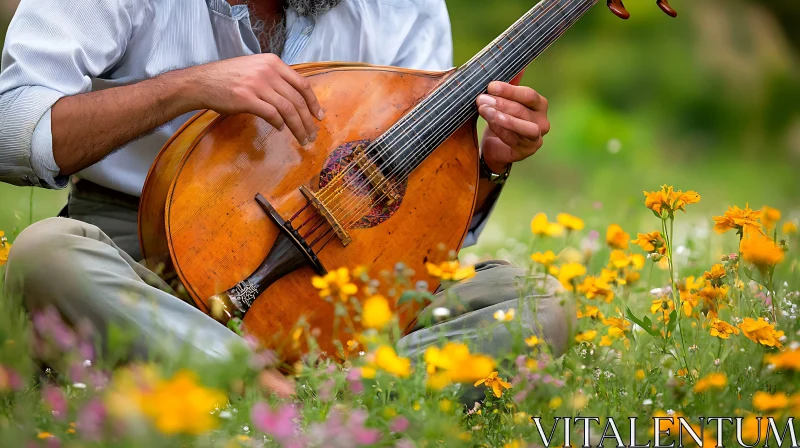 Musician in Meadow with Yellow Flowers AI Image