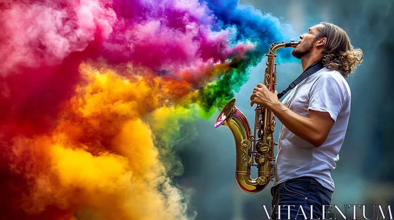 Saxophonist with Rainbow Smoke AI Image