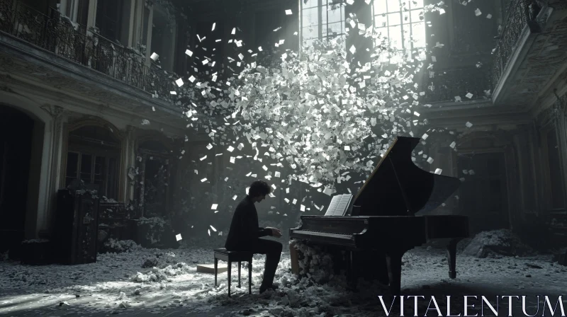 Artistic Piano Scene in Abandoned Building AI Image