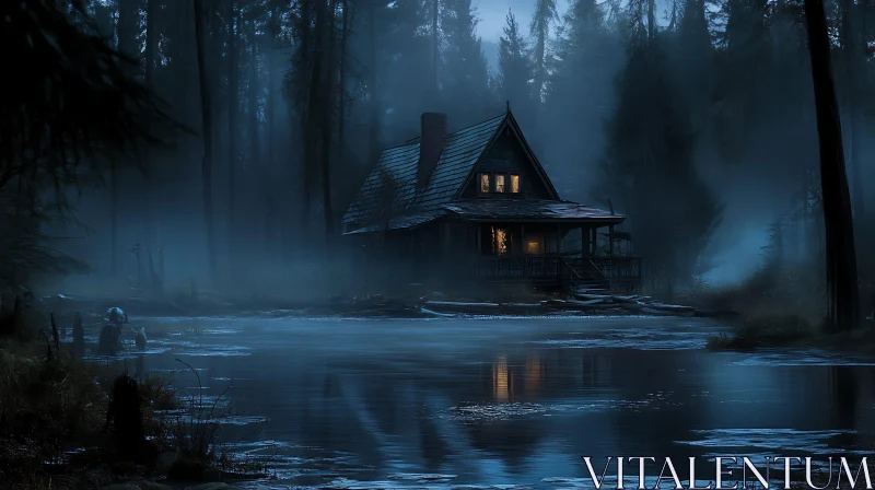 Eerie Nighttime Cabin in a Misty Forest Landscape AI Image