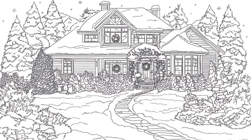 Cozy House in Snowy Garden Drawing