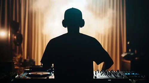 Silhouette of DJ on Stage with Headphones and Turntables