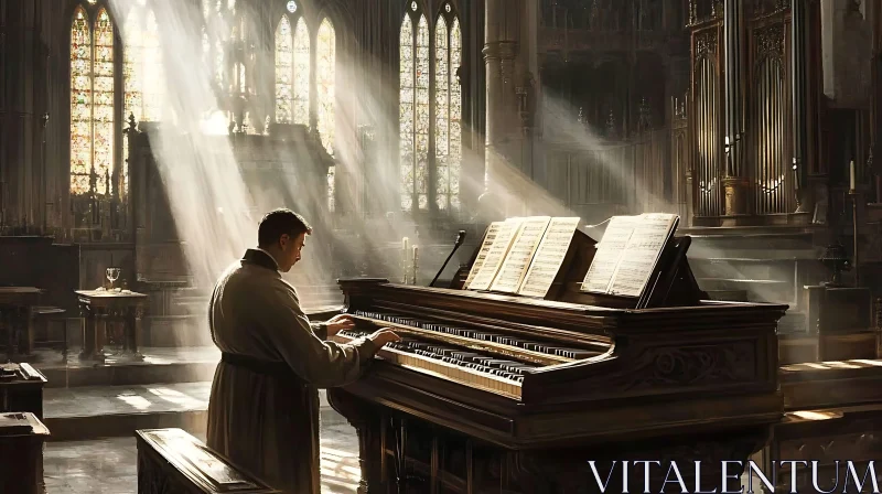 Church Interior with Man Playing Organ