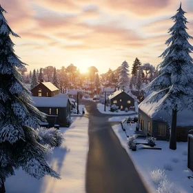 Snowy Village at Sunrise