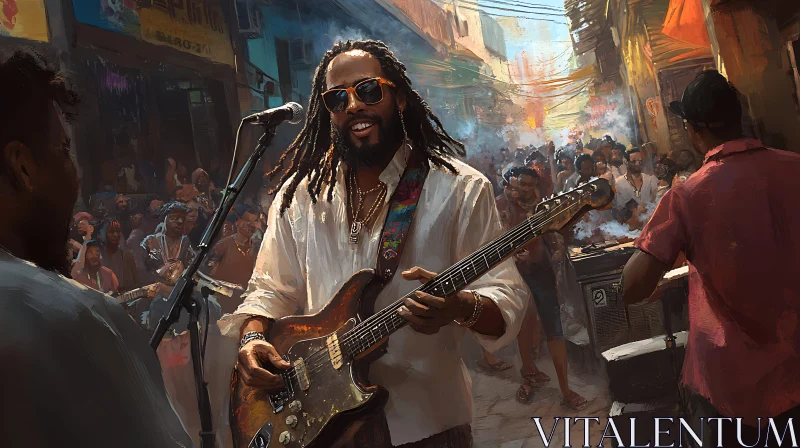Lively Street Music Scene with Guitarist