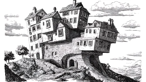 Fantastical Stacked Houses Illustration