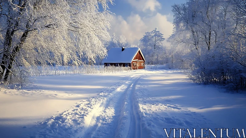 Wooden Cabin in a Serene Snowy Landscape