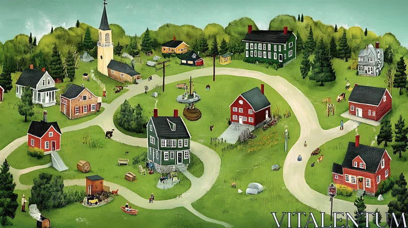 Idyllic Countryside Village Scene with Quaint Houses AI Image