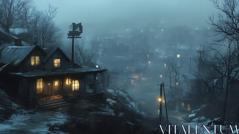 Mysterious Misty Village Night Scene