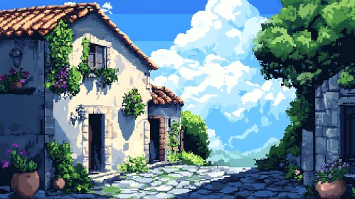 Pixelated Village with Blooming Flowers and Blue Sky