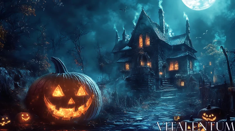 Eerie Halloween Night with Scary Pumpkins AI Image