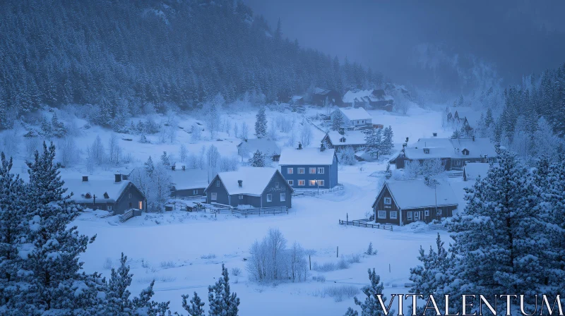 Peaceful Snow-Covered Village Scene AI Image