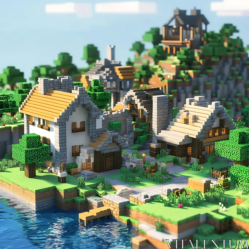 Pixelated Village and Blocky Landscape AI Image