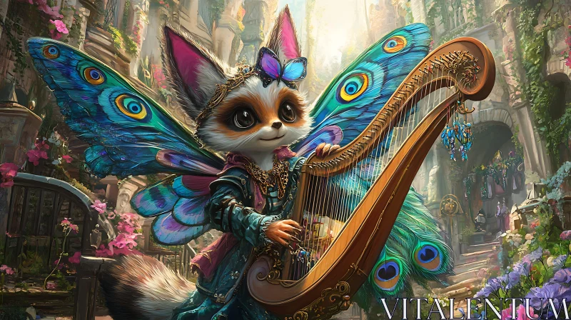 Whimsical Fox with Butterfly Wings Harpist AI Image